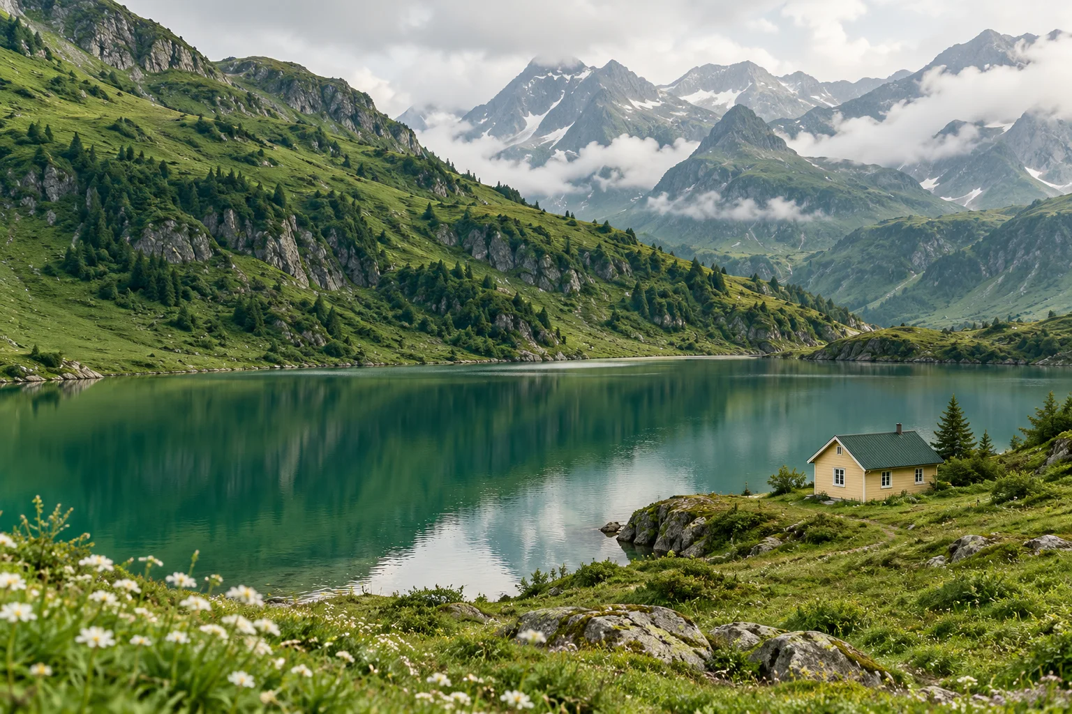 Illustrative green lakeside landscape with a small yellow cabin